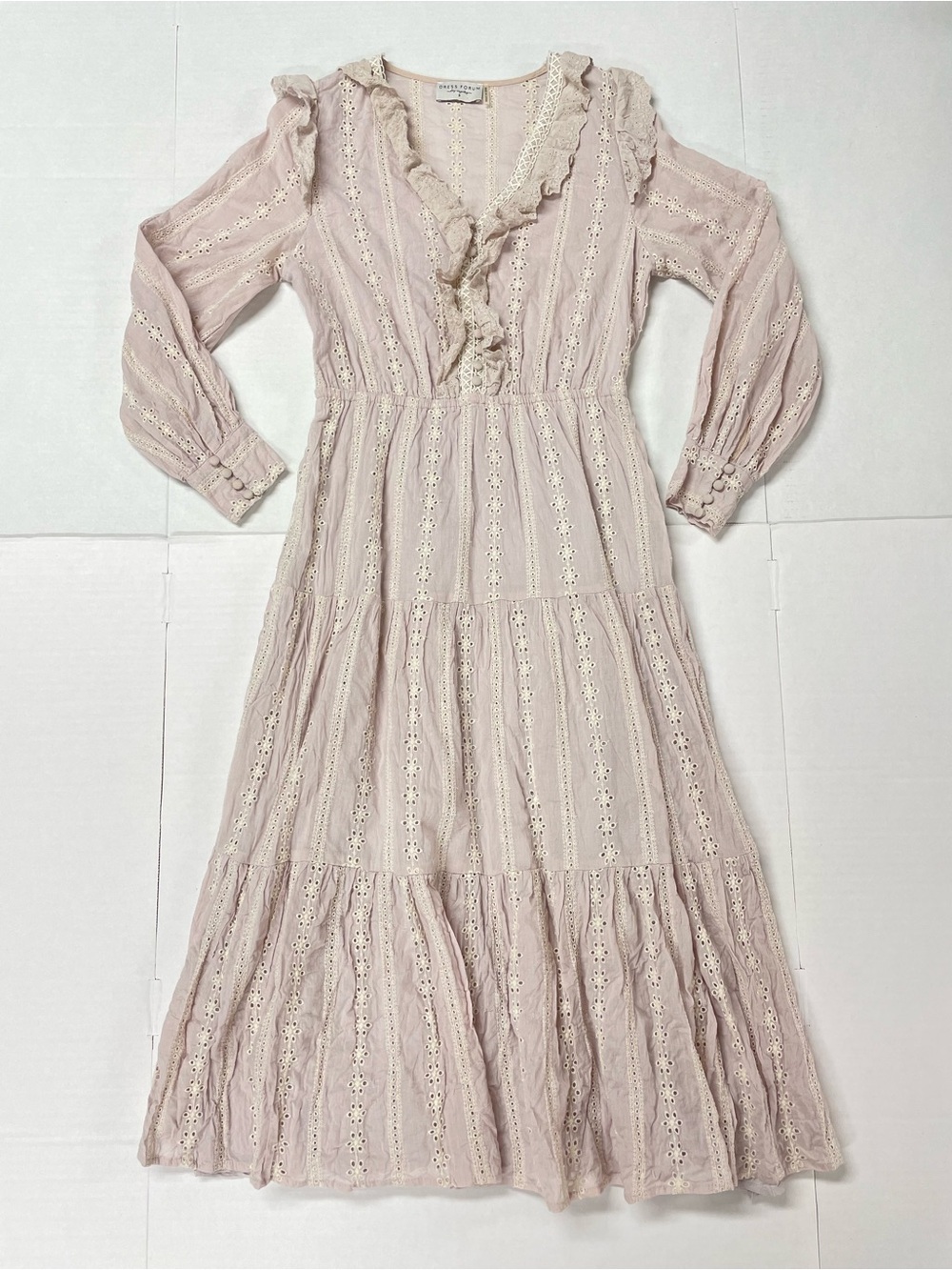 Dress Forum Eyelet Lace Ruffle Midi Dress Cottagecore Prairie Boho Long Sleeve